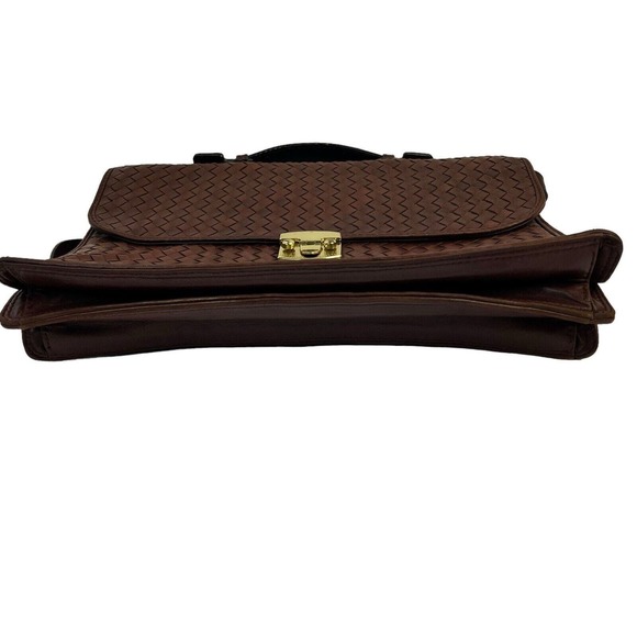 Bottega Veneta Cognac Brown Woven Leather Briefcase Top Handle Gold Buckle - Picture 13 of 16